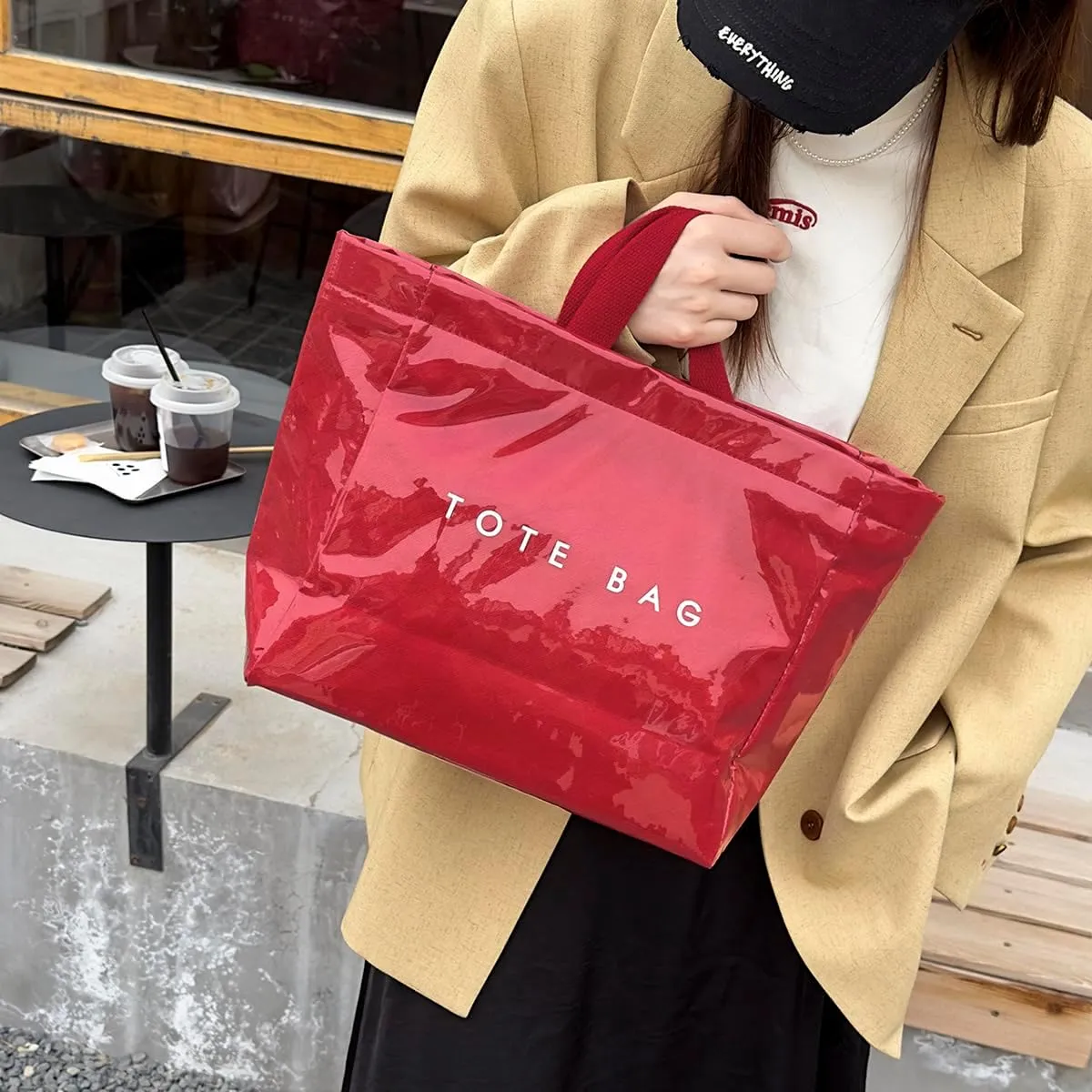 MINGRI Large Tote Bags for Women PVC Clear Totes Bag Plastic Carry All Bag Kraft Paper Shoulder Handbag Hobo for Work Travel