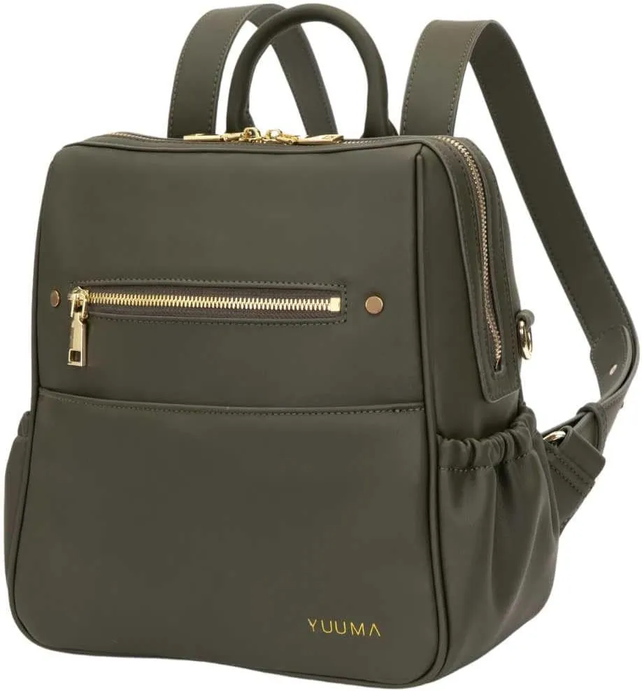 Mini Diaper Bag Backpack-Minimalist bag With Premium Vegan Leather Material With 7 Interior and 5 External Pockets (Olive)