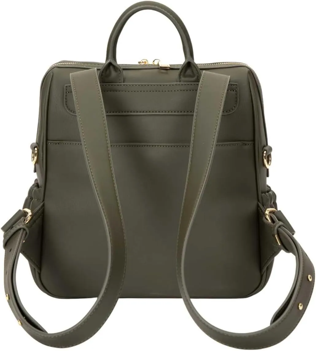 Mini Diaper Bag Backpack-Minimalist bag With Premium Vegan Leather Material With 7 Interior and 5 External Pockets (Olive)