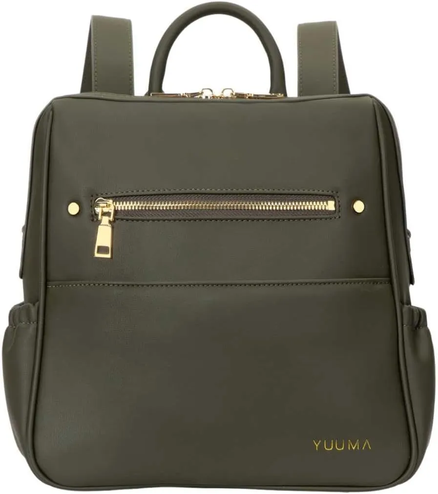 Mini Diaper Bag Backpack-Minimalist bag With Premium Vegan Leather Material With 7 Interior and 5 External Pockets (Olive)