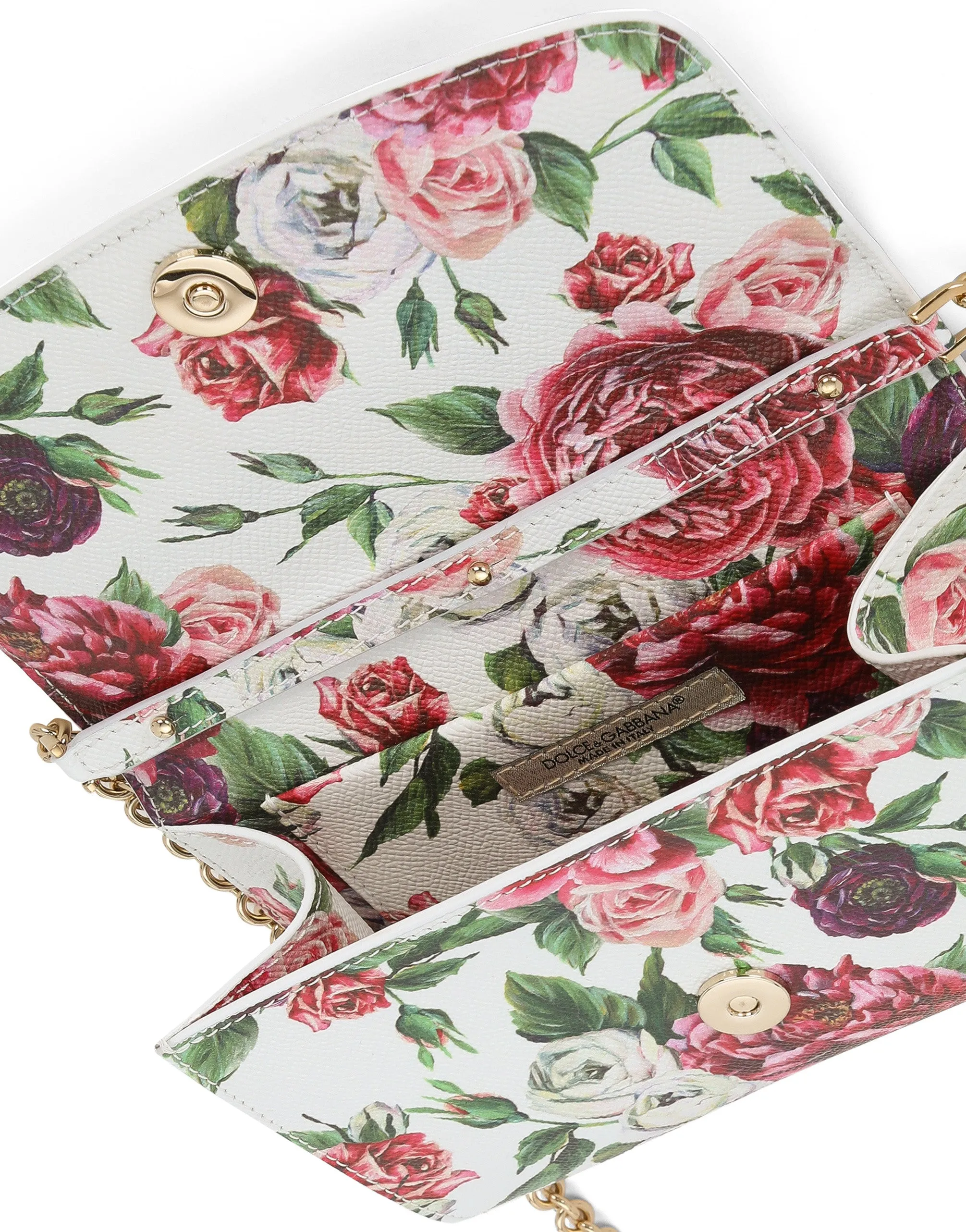 Mini leather bag with roses print and shoulder strap
