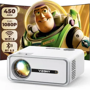 Mini Projector with WiFi and Bluetooth, 450ANSI 1080P FHD Home Movie Projector, Portable Outdoor Projector with 250" Display Zoom, Compatible w/Phone//Laptop/TV Stick-Indoor&Outdoor