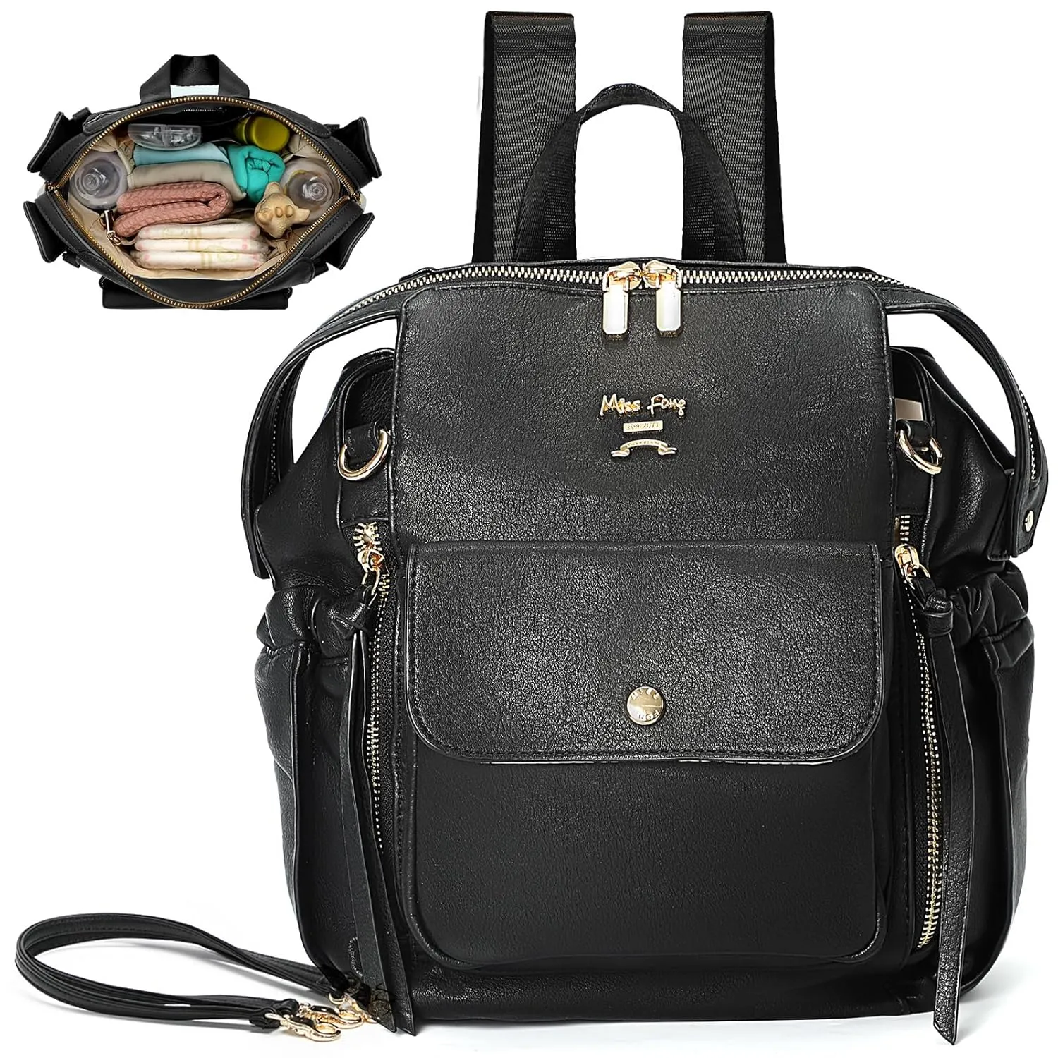 miss fong Mini Diaper Bag, Small Diaper Bag, Leather Diaper Bag Backpack with 12 Diaper Bag Organizer, Insulated Pocket, 2 Insulated Pockets (Black)