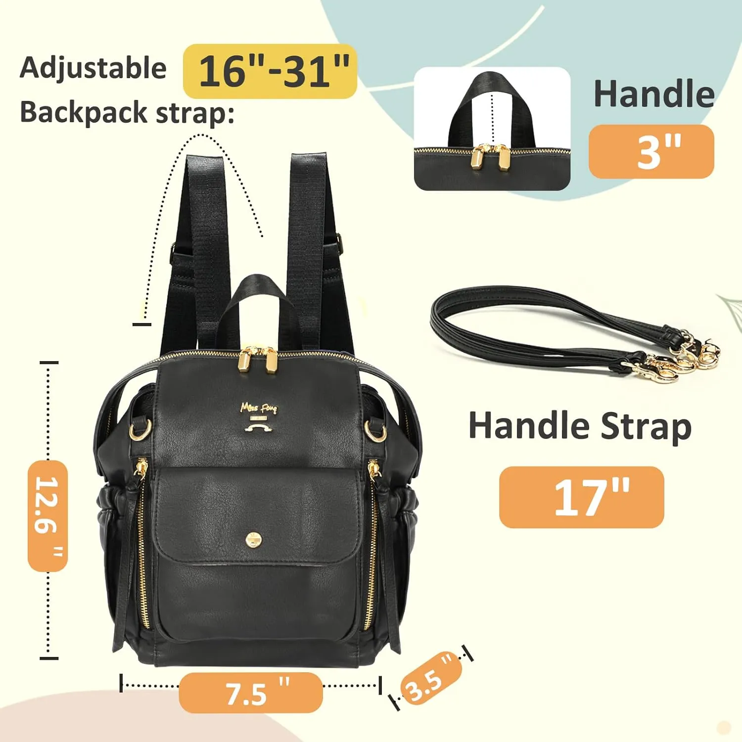 miss fong Mini Diaper Bag, Small Diaper Bag, Leather Diaper Bag Backpack with 12 Diaper Bag Organizer, Insulated Pocket, 2 Insulated Pockets (Black)