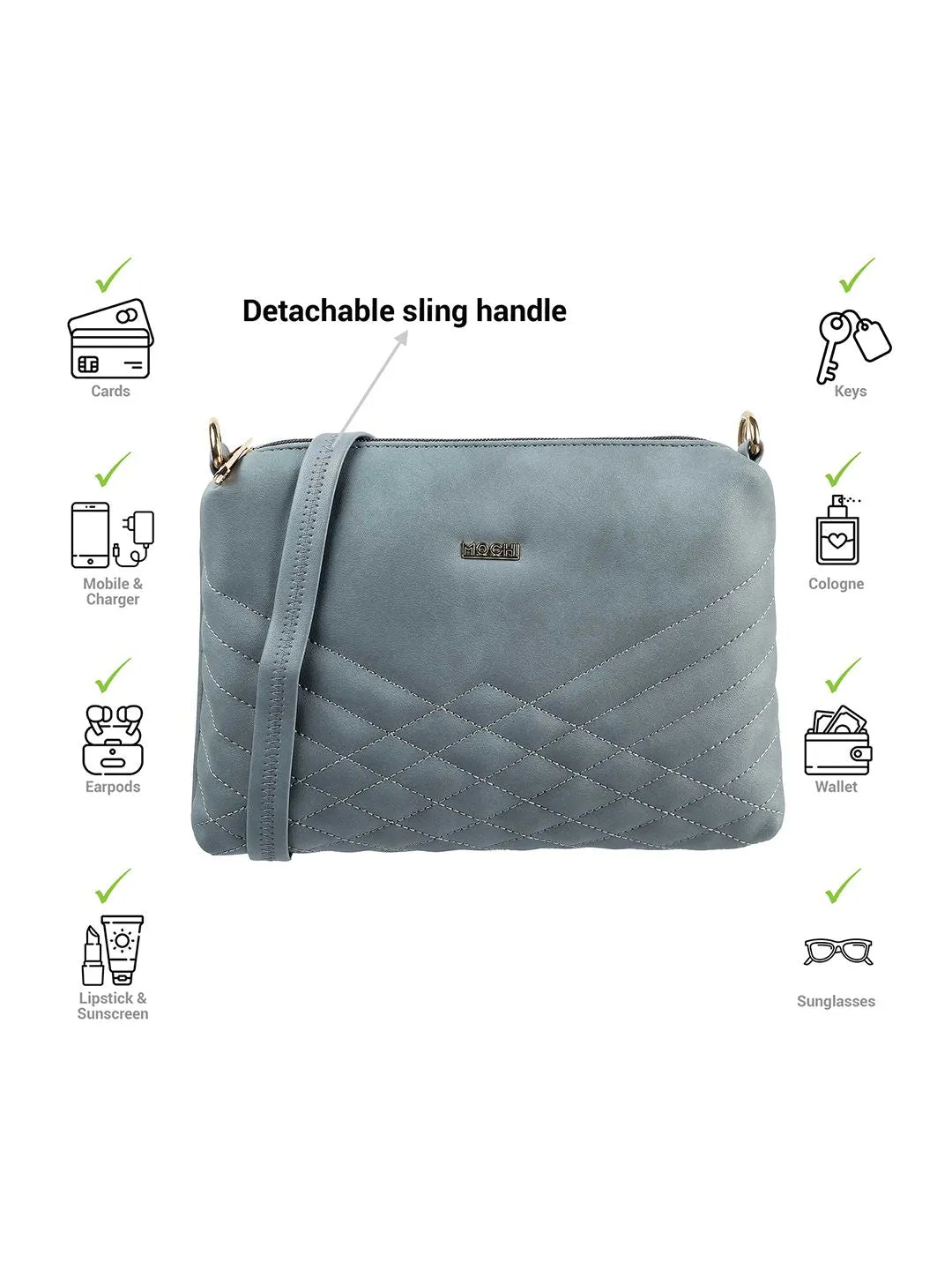 Mochi Grey Embellished Structured Sling Bag with Quilted