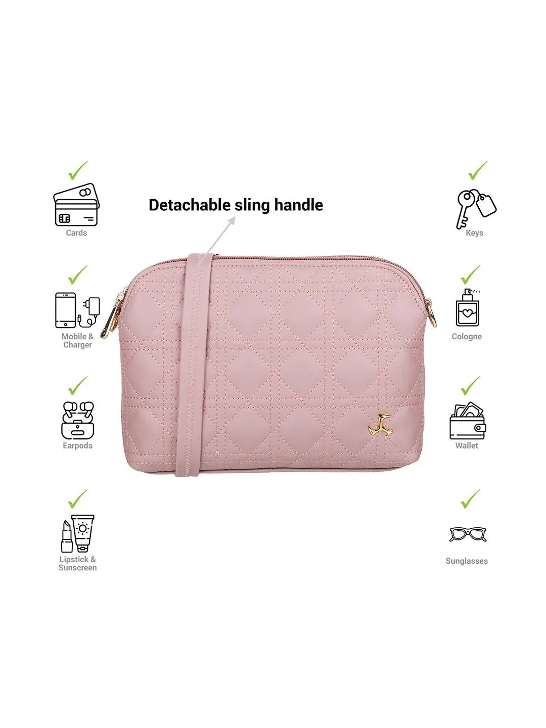Mochi Rose Embellished Structured Sling Bag with Quilted