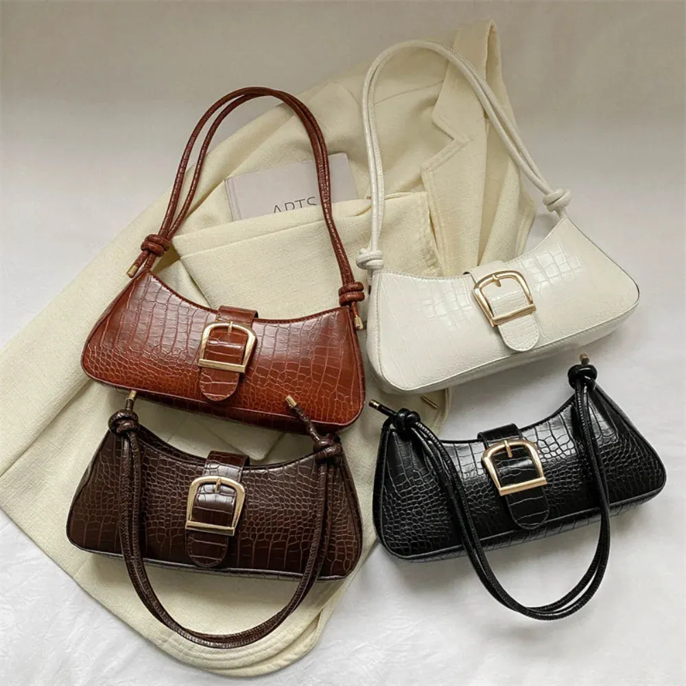 Modern French Fashion Leather Women's Shoulder Baguette Handbag Alligator Pattern Texture Popular Underarm Purse Bag