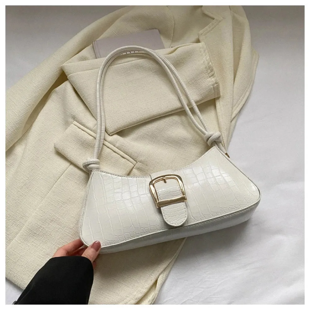 Modern French Fashion Leather Women's Shoulder Baguette Handbag Alligator Pattern Texture Popular Underarm Purse Bag