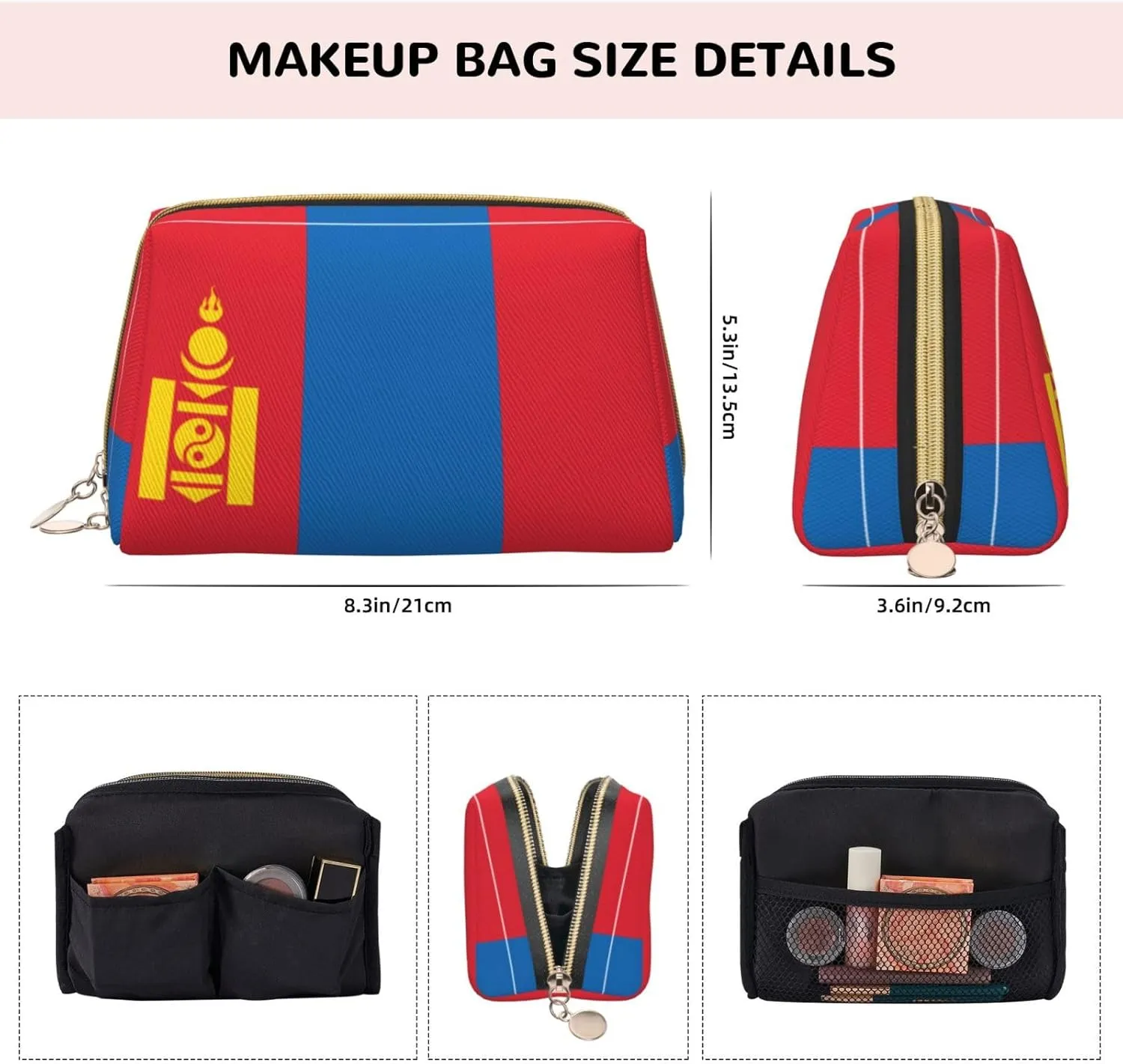 Mongolian Flagmakeup Bag Organizer,Toiletry Cosmetic Bag,Zipper Pouch Brushes Storage Case(Large)