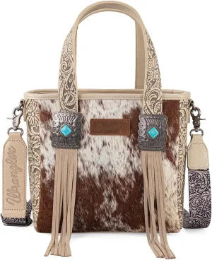 Montana West X Wrangler Cowhide Tote Bag for Women Western Tooling Handbag Leather Fringing With Turquoise Stone Concho