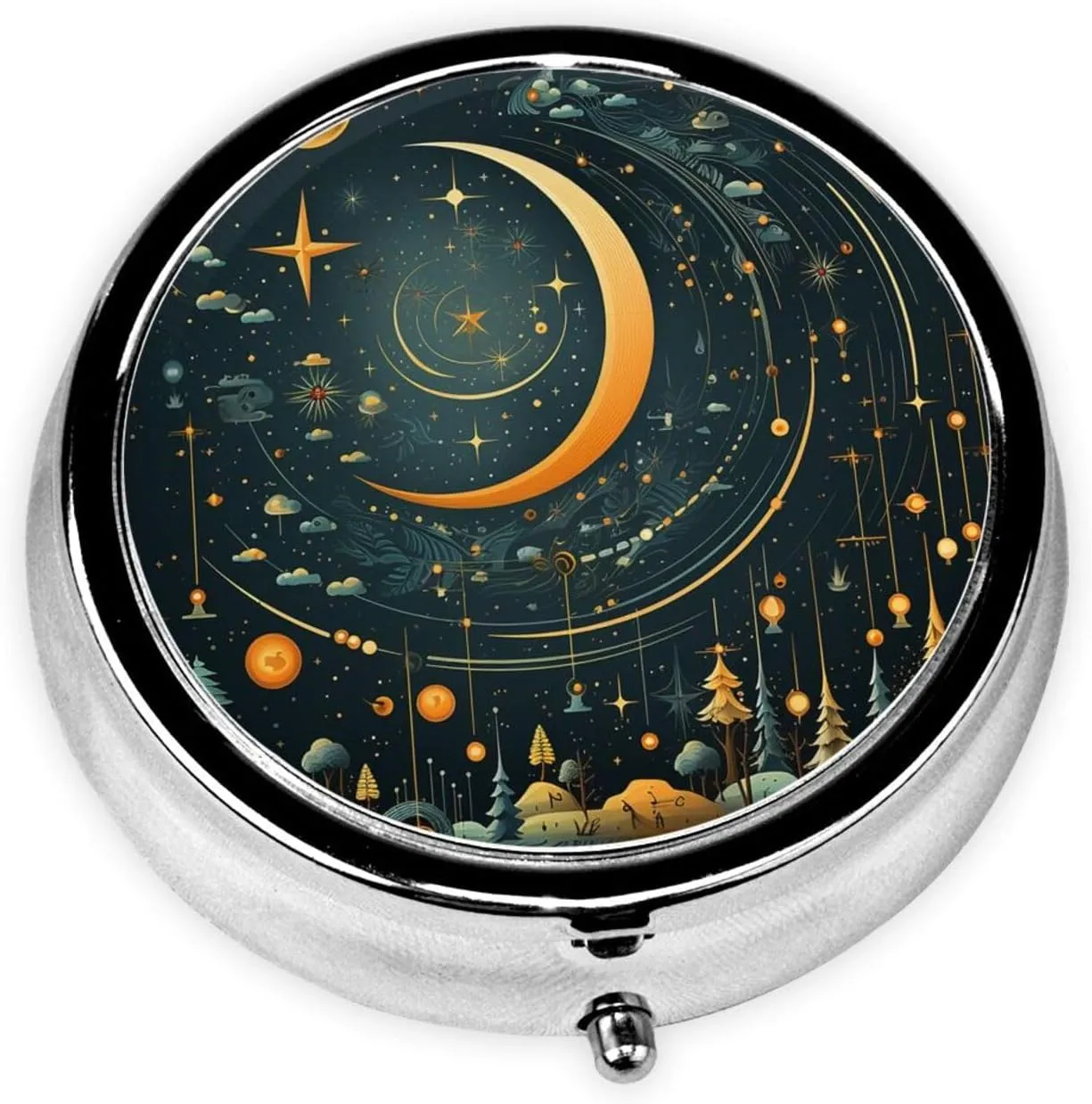 Moon Star Diagram Pattern Pill Box Round Pill Case for Pocket Purse 3 Compartment Medicine Pill Organizer Cute Portable Travel Pillbox Vitamin Cod Liver Oil Storage Box Unique Gift Organizer