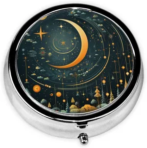 Moon Star Diagram Pattern Pill Box Round Pill Case for Pocket Purse 3 Compartment Medicine Pill Organizer Cute Portable Travel Pillbox Vitamin Cod Liver Oil Storage Box Unique Gift Organizer