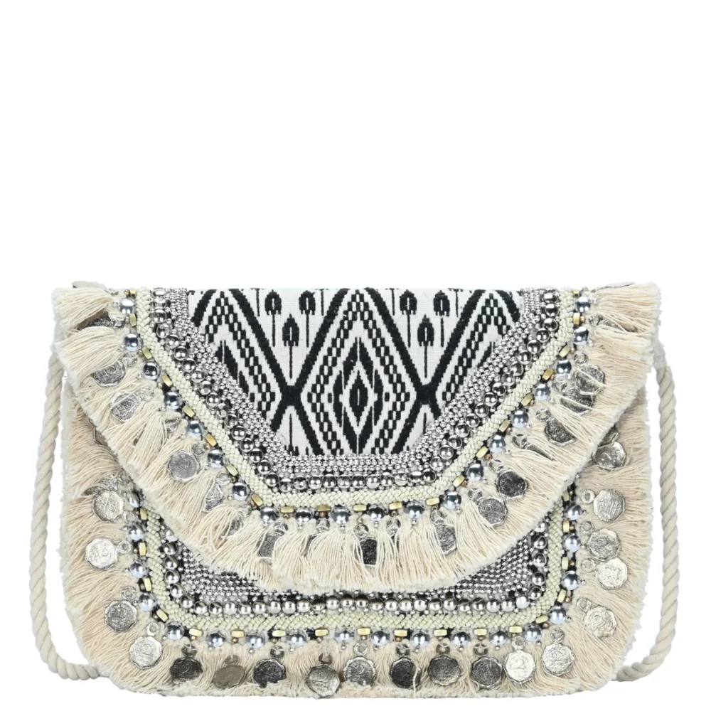 Moroccan Nights Ikat Embellished Straw Clutch W/ Fringe