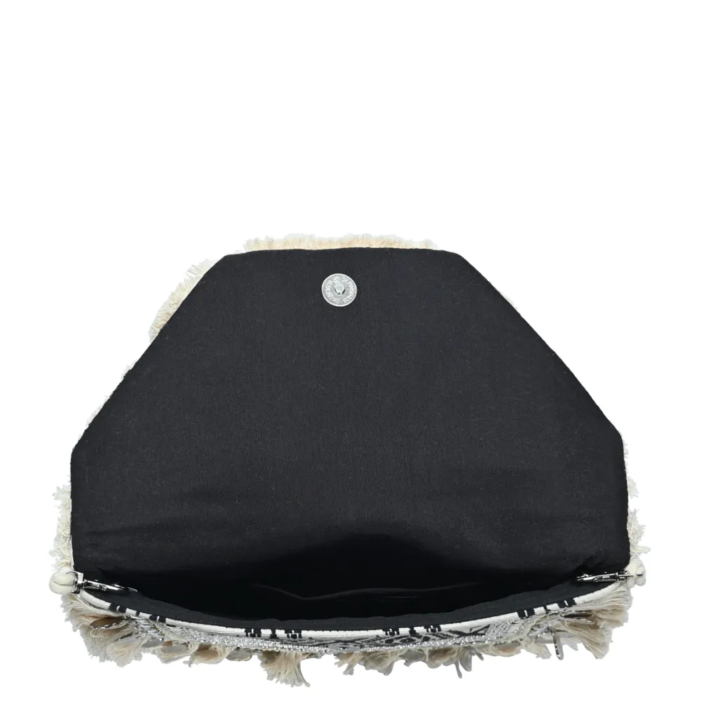 Moroccan Nights Ikat Embellished Straw Clutch W/ Fringe