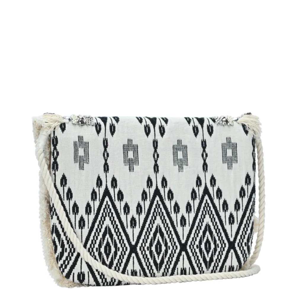 Moroccan Nights Ikat Embellished Straw Clutch W/ Fringe