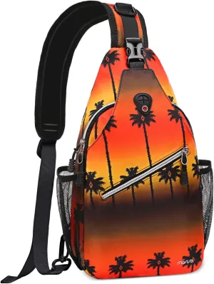 MOSISO Crossbody Sling Backpack, Portable Travel Hiking Daypack Chest Sling Bag Casual Daypack One Strap Chest Backpack for Women Men Outdoor Hiking Travel, Tropical Palm Tree