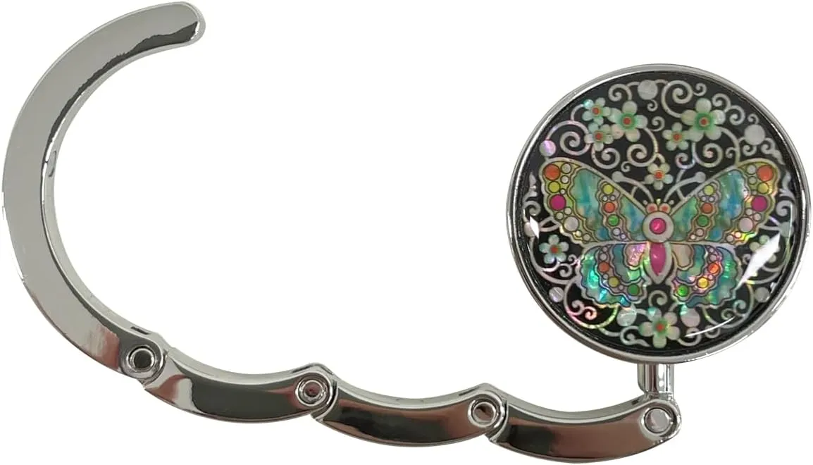 Mother of Pearl Purse Hook Magnet Clip Table Handbag Hanger Foldable Table Holder (Arabesque Butterfly)