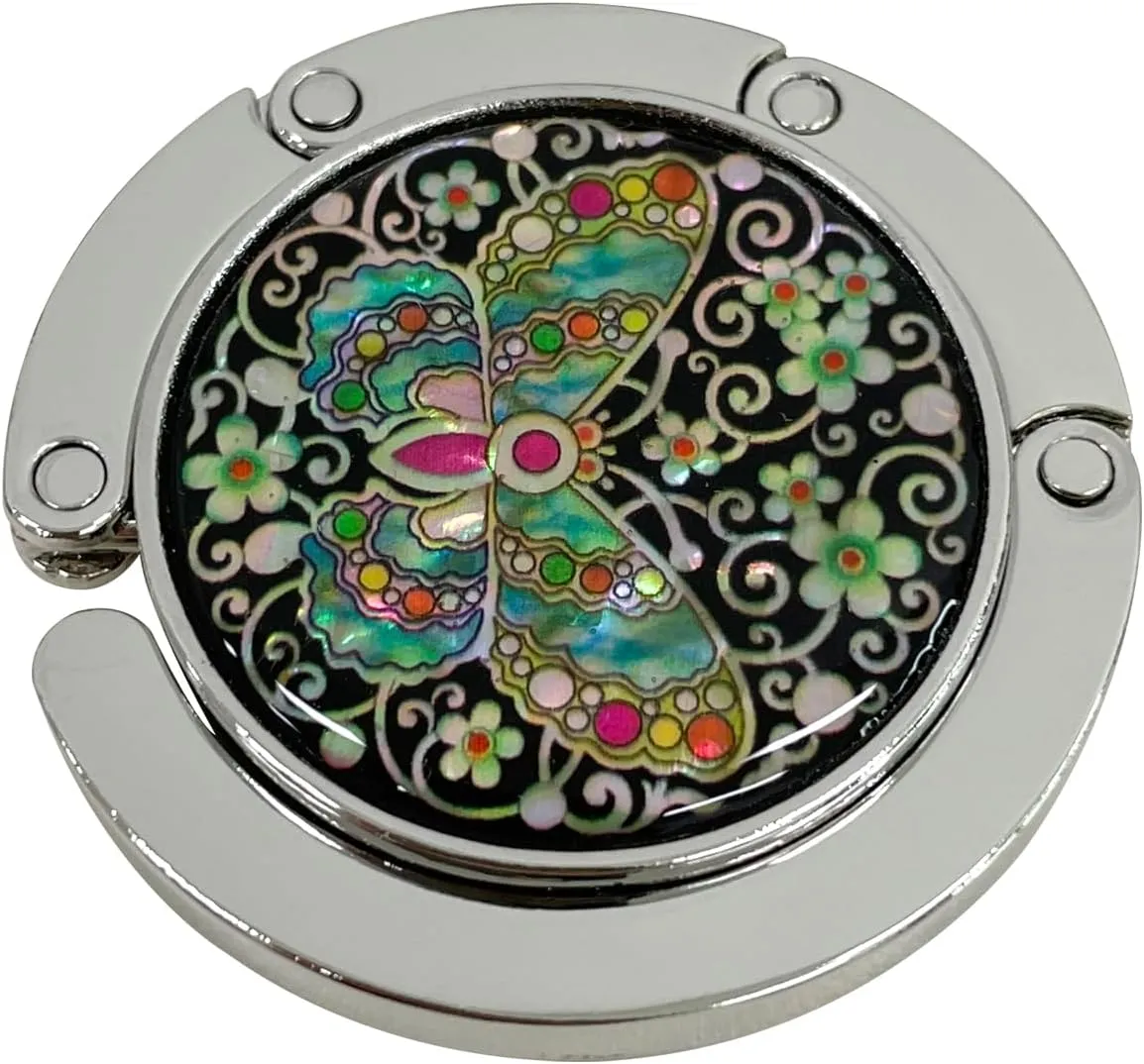 Mother of Pearl Purse Hook Magnet Clip Table Handbag Hanger Foldable Table Holder (Arabesque Butterfly)