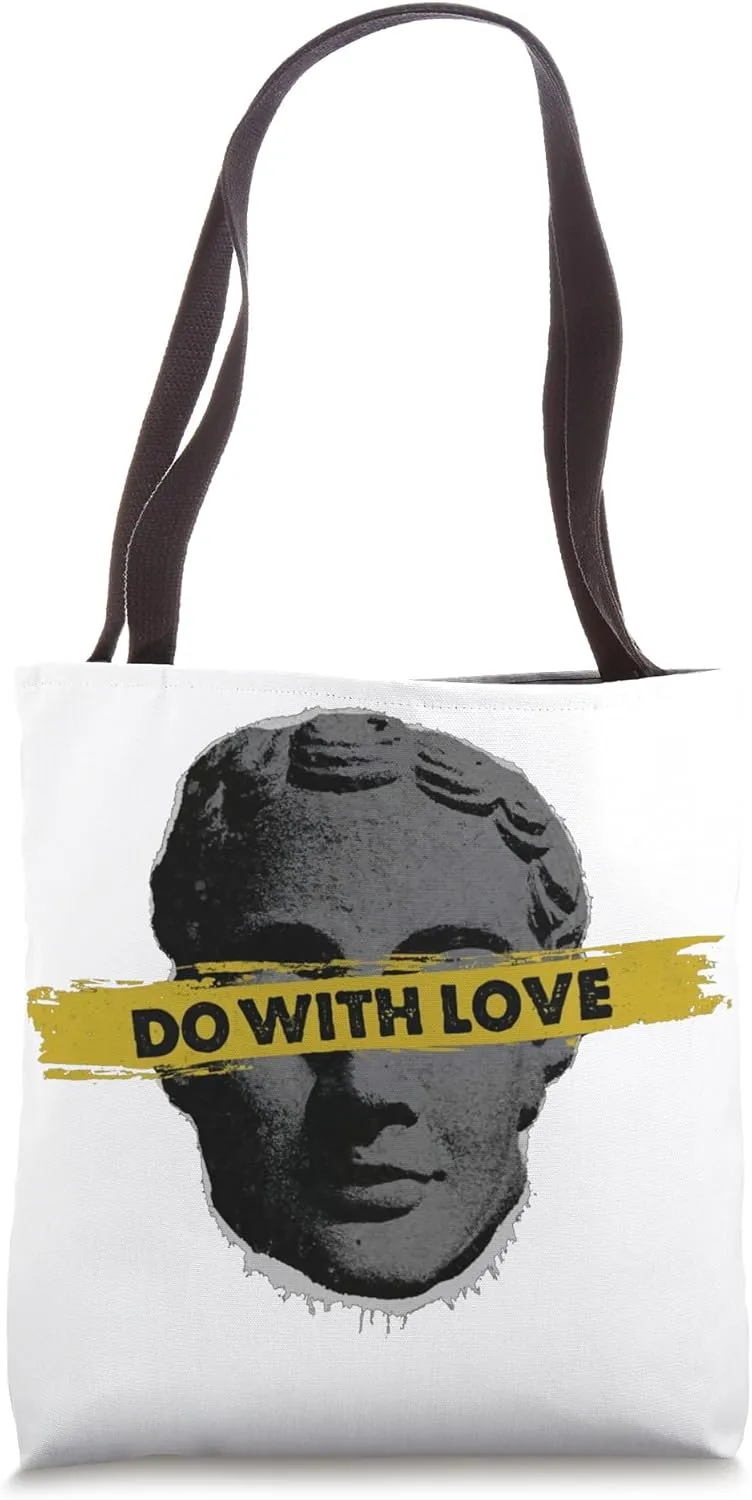 Motif with stony head, writing do with loves, yellow bar Tote Bag