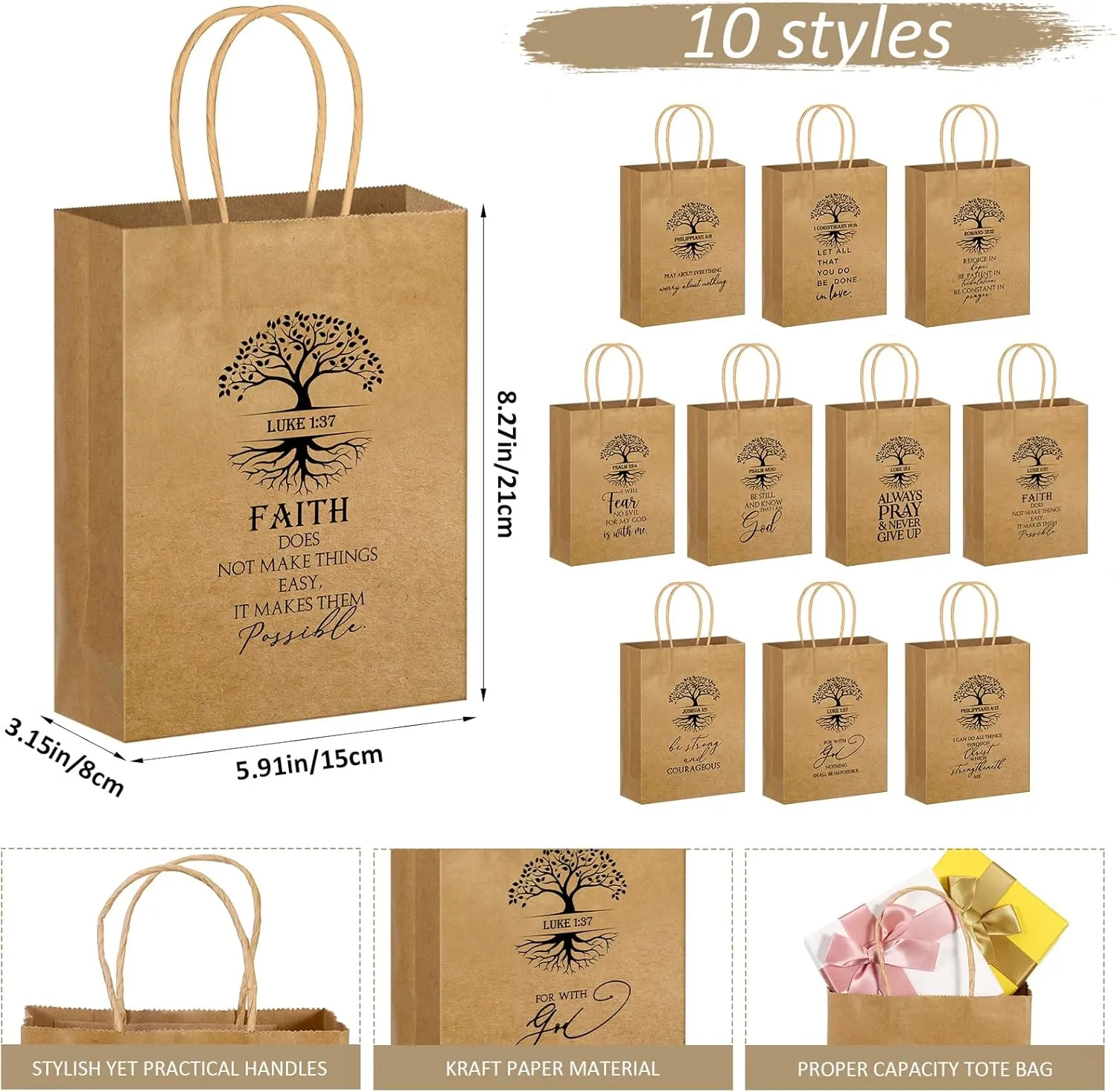 Motipuns 50 Pcs Christian Gift Bag for Mother's Day Religious Kraft Paper Bags Bulk with Handle 5.91 x 3.15 x 8.27 Inches Bible Verse Church Welcome Gift for Dad Church Father Family Baptism