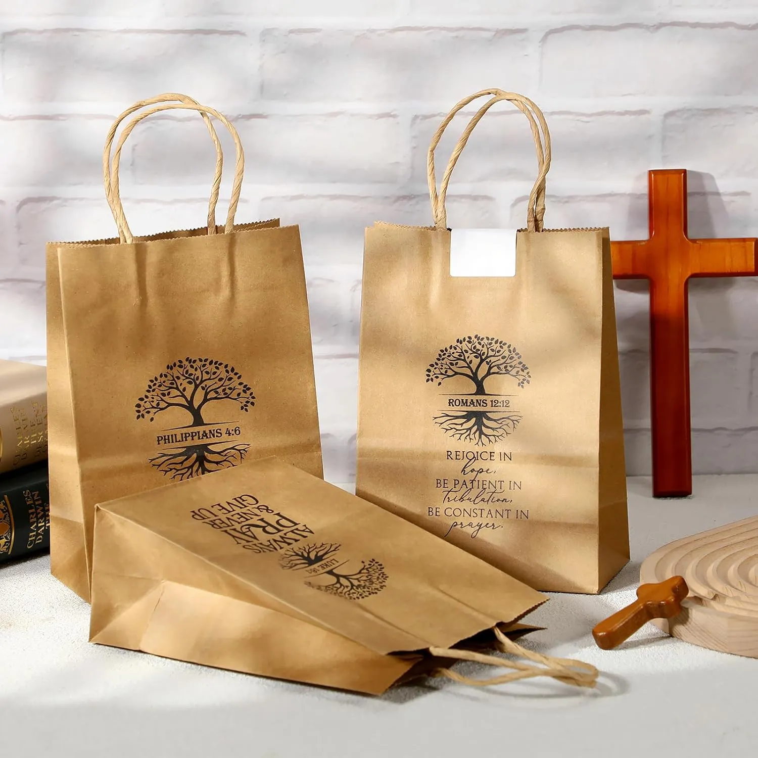 Motipuns 50 Pcs Christian Gift Bag for Mother's Day Religious Kraft Paper Bags Bulk with Handle 5.91 x 3.15 x 8.27 Inches Bible Verse Church Welcome Gift for Dad Church Father Family Baptism