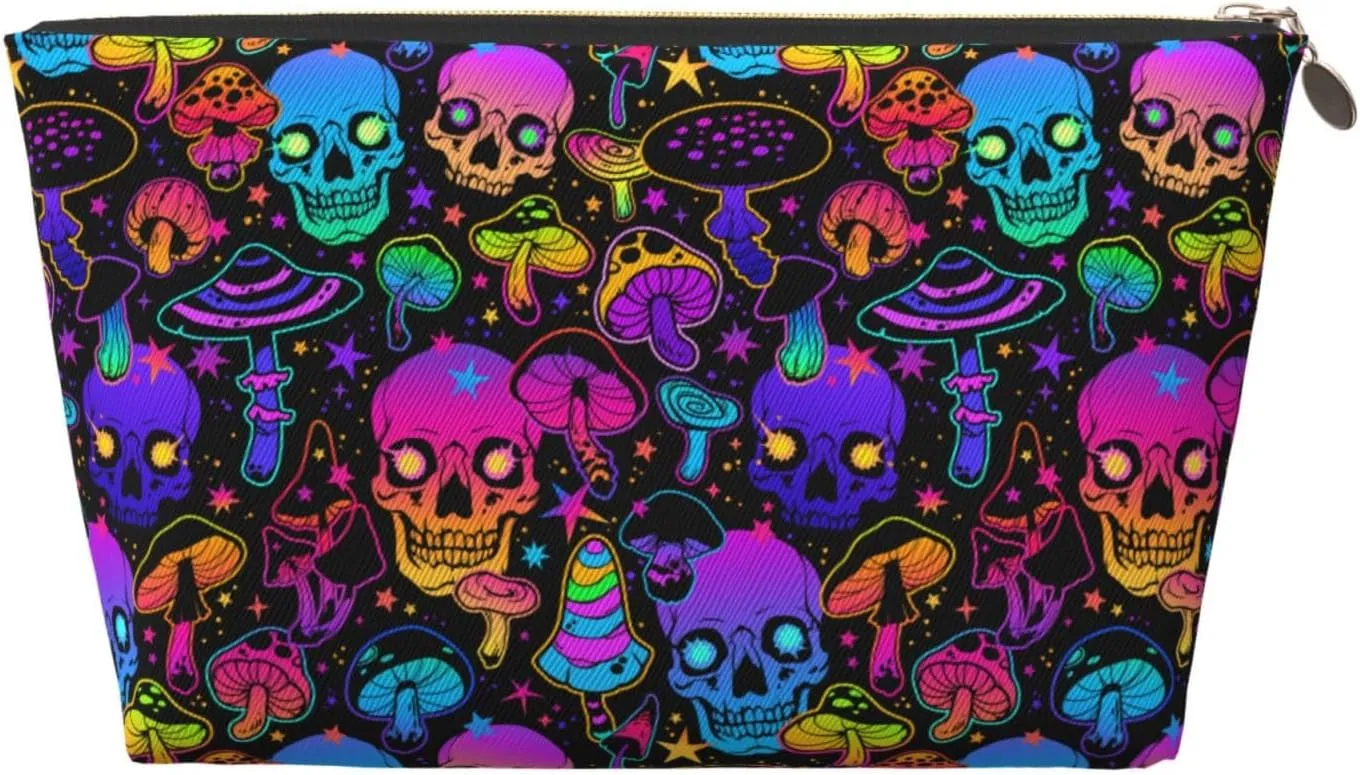 Mushrooms Skulls Small Makeup Bag for Women - Leather Travel Cosmetic Bag Make Up Pouch Mini Travel Zipper Pouch - Makeup Organizer Bag