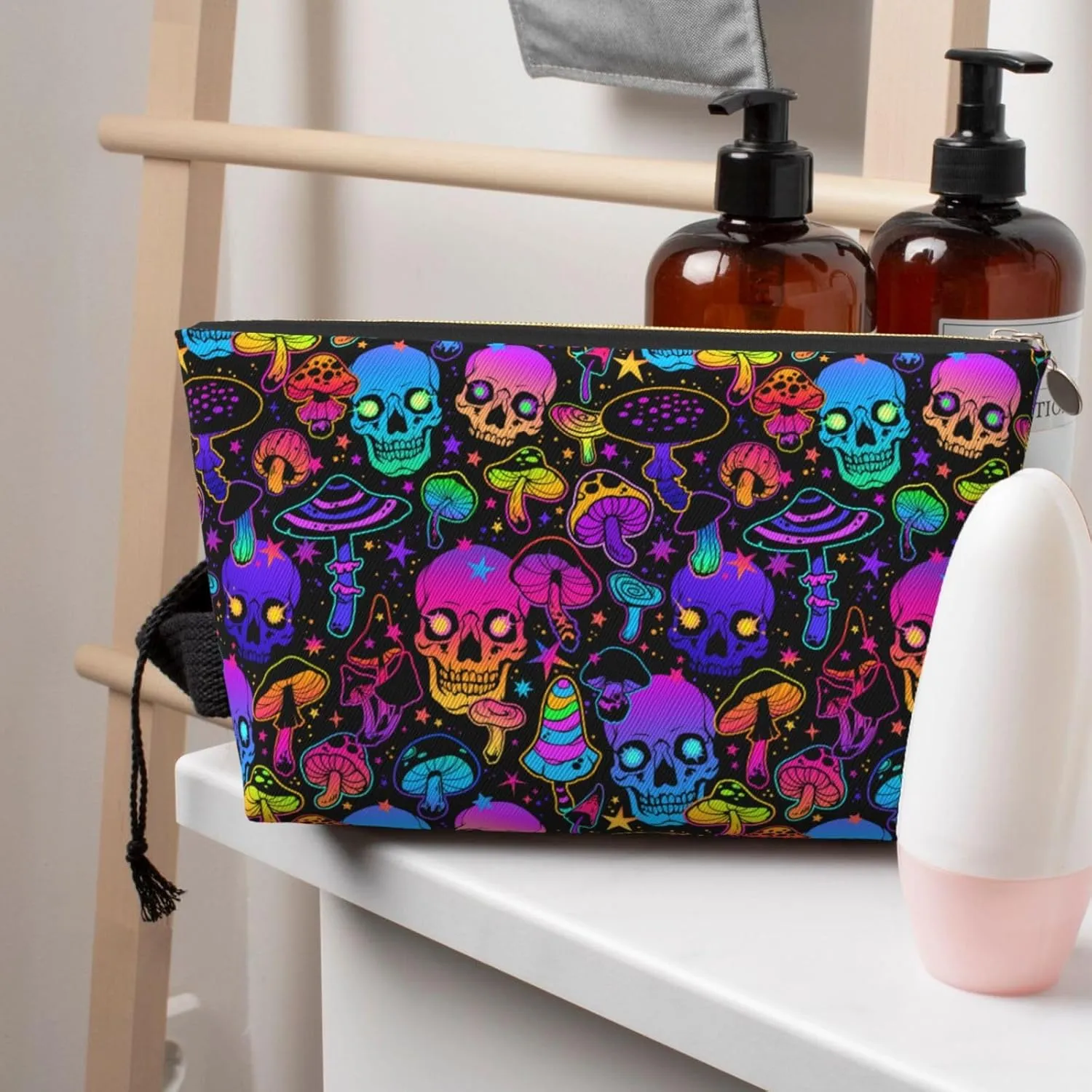 Mushrooms Skulls Small Makeup Bag for Women - Leather Travel Cosmetic Bag Make Up Pouch Mini Travel Zipper Pouch - Makeup Organizer Bag