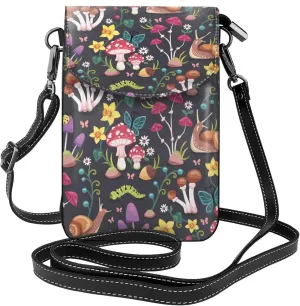 Mushrooms Snails Butterflies Print Small Crossbody Bags for Women Leather Cell Phone Purses Mini Leather Shoulder Handbag Adjustable Strap