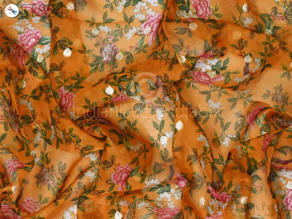 Mustard Organza Brocade Gold Indian Printed Head Scarf Crafting Wedding Dress Costume Doll Making Gift for Her Bridal Veil