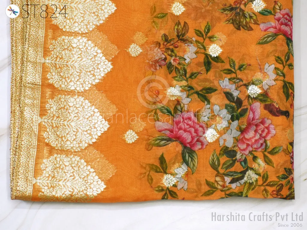 Mustard Organza Brocade Gold Indian Printed Head Scarf Crafting Wedding Dress Costume Doll Making Gift for Her Bridal Veil