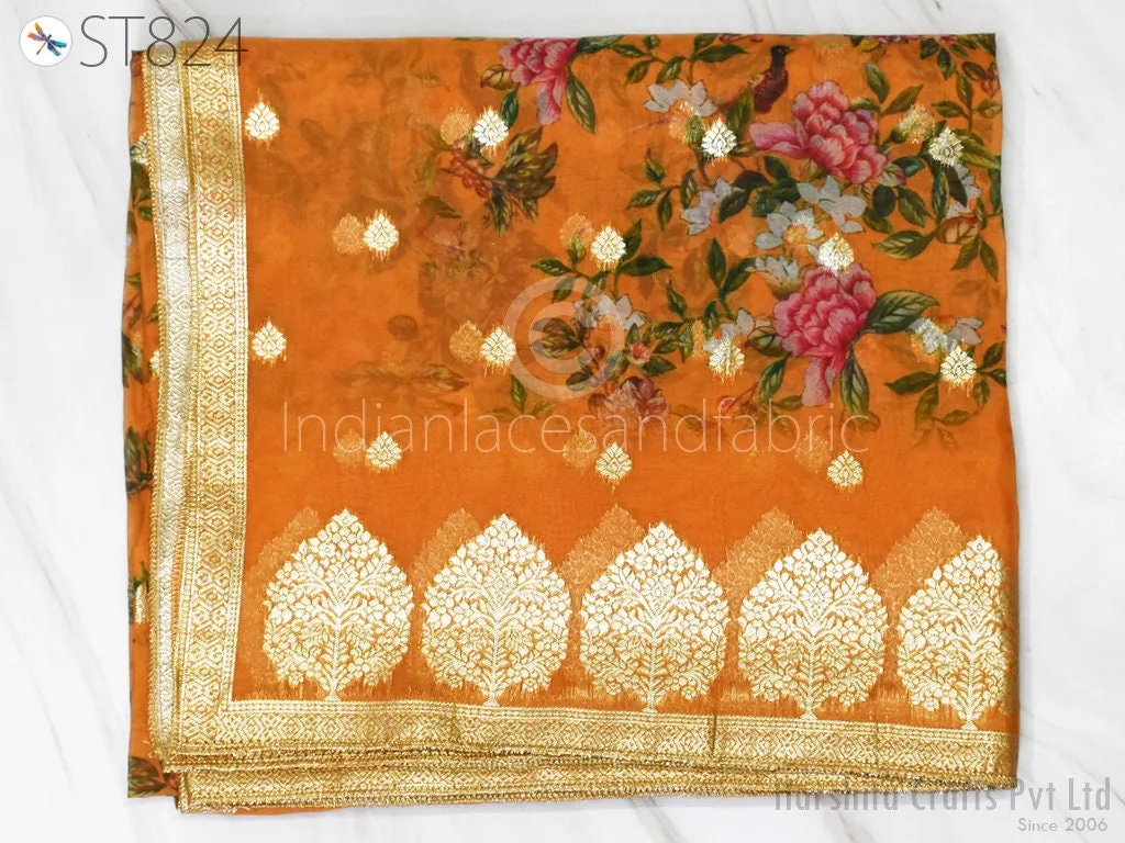 Mustard Organza Brocade Gold Indian Printed Head Scarf Crafting Wedding Dress Costume Doll Making Gift for Her Bridal Veil