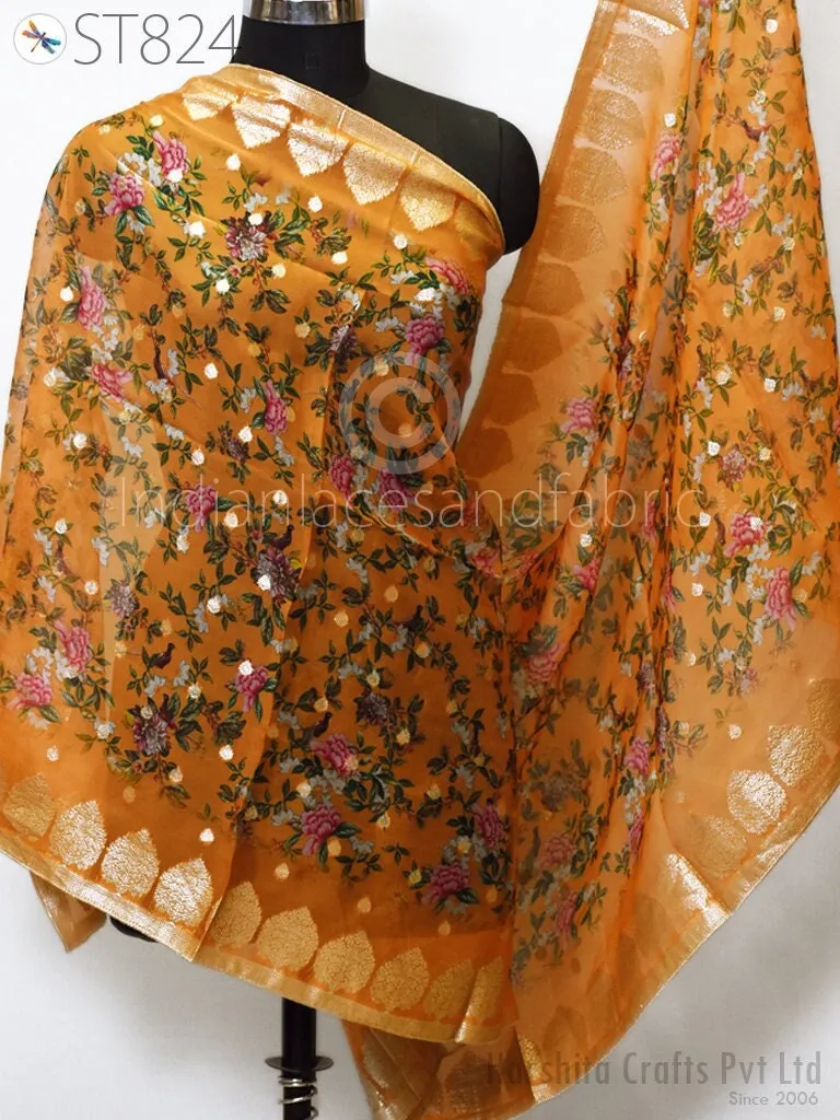 Mustard Organza Brocade Gold Indian Printed Head Scarf Crafting Wedding Dress Costume Doll Making Gift for Her Bridal Veil