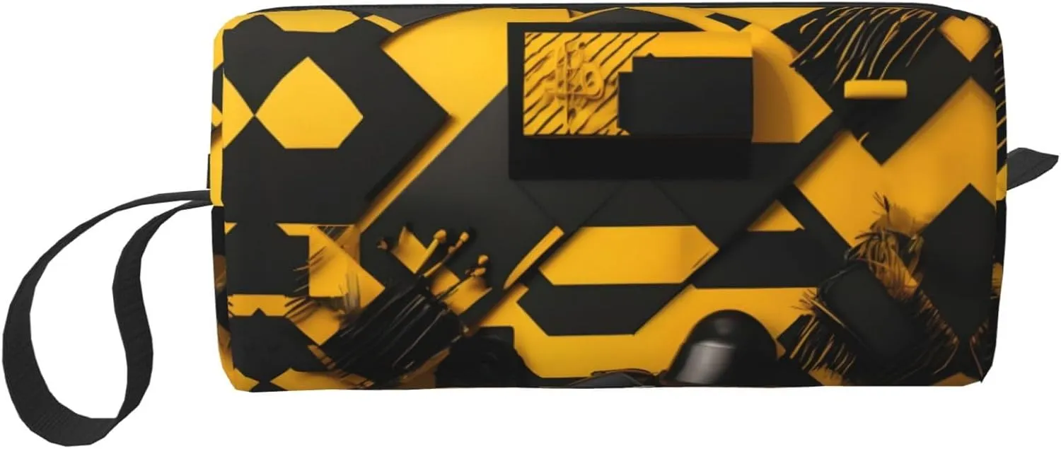 Mustard Yellow and Black print Travel Cosmetic Bag Gifts for Women Portable Make Up Bags for Women Mother Sister