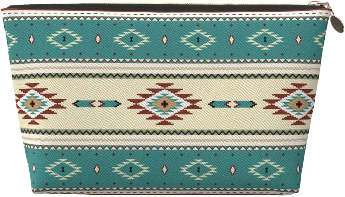 Native Indian Western Tribal Small Makeup Bag for Women - Leather Travel Cosmetic Bag Make Up Pouch Mini Travel Zipper Pouch - Makeup Organizer Bag