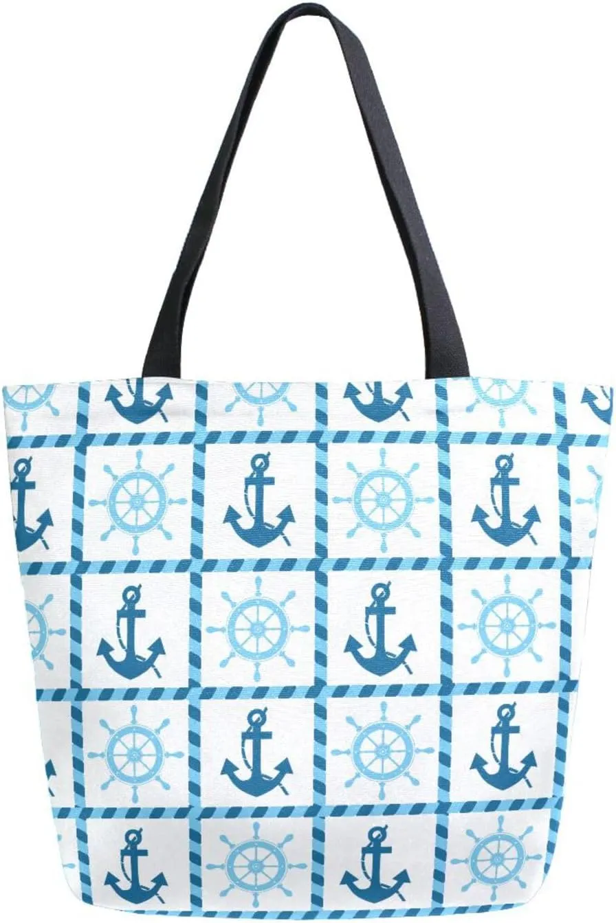 Nautical Summer Anchor Boat Blue Canvas Tote Bag for Women with Zipper Pocket Reusable Grocery Shopping Bags Large Travel Shoulder Bag Handbag Bags