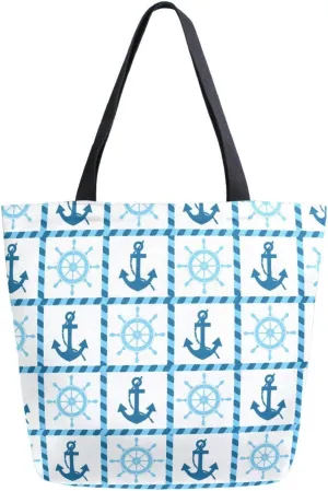 Nautical Summer Anchor Boat Blue Canvas Tote Bag for Women with Zipper Pocket Reusable Grocery Shopping Bags Large Travel Shoulder Bag Handbag Bags