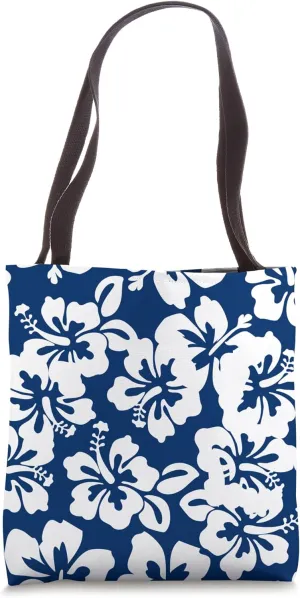Navy Blue White Hibiscus Reverse Print Aloha Hawaiian Floral Tote Bag
