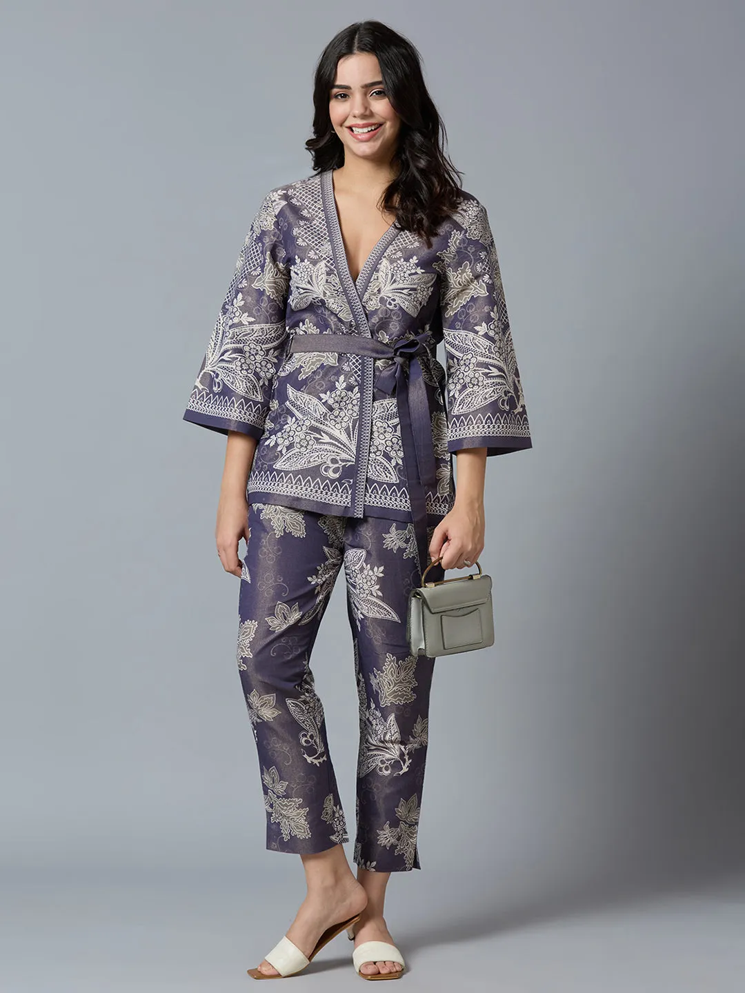 Navy Gold Floral Lacy Printed Metallic Kimono Set