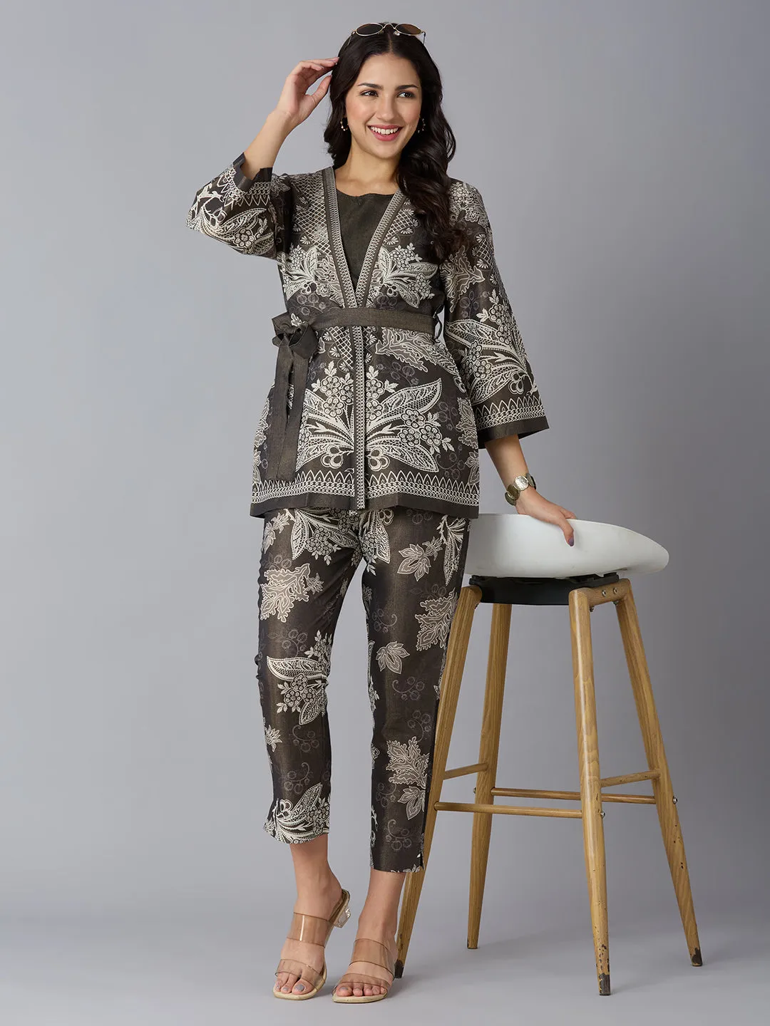 Navy Gold Floral Lacy Printed Metallic Kimono Set