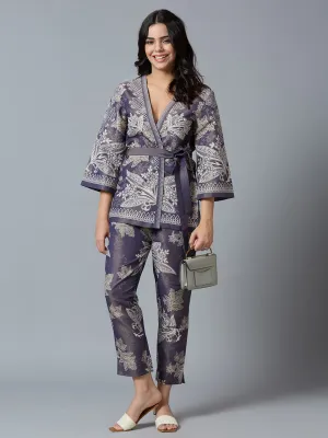 Navy Gold Floral Lacy Printed Metallic Kimono Set