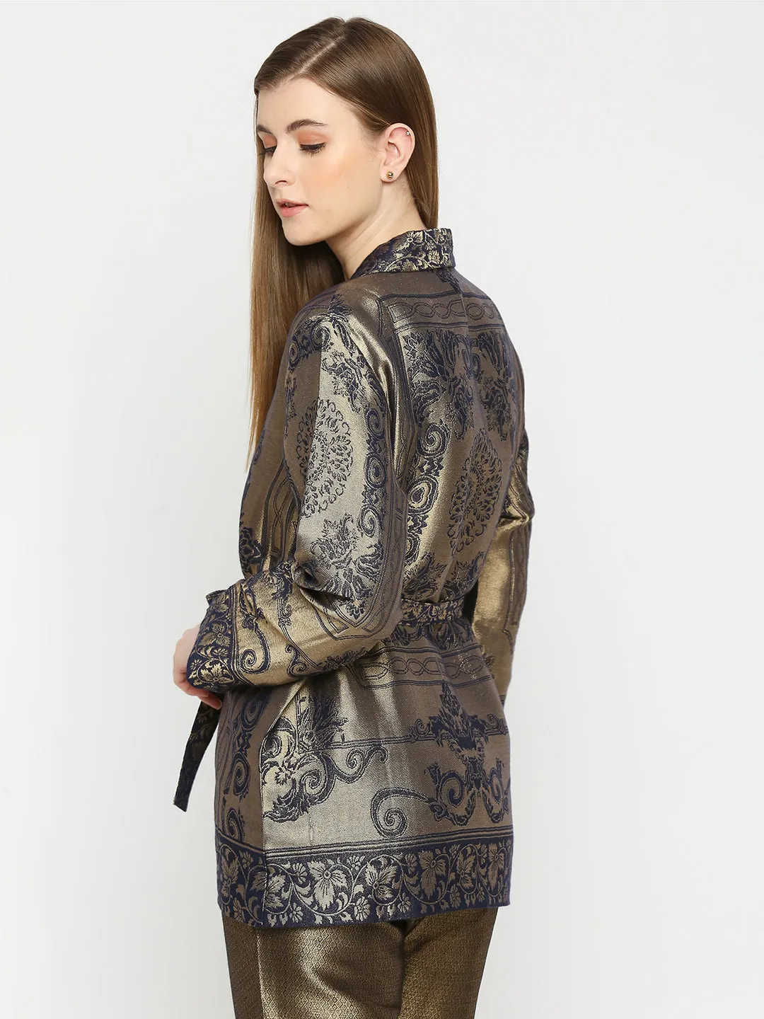 Navy Gold Flower Designed Brocade Kimono