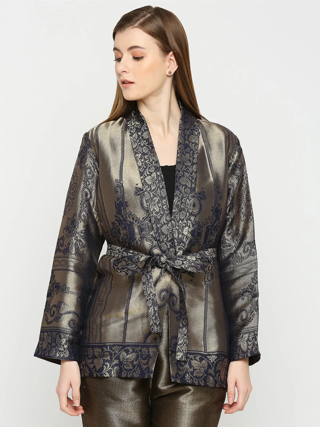 Navy Gold Flower Designed Brocade Kimono