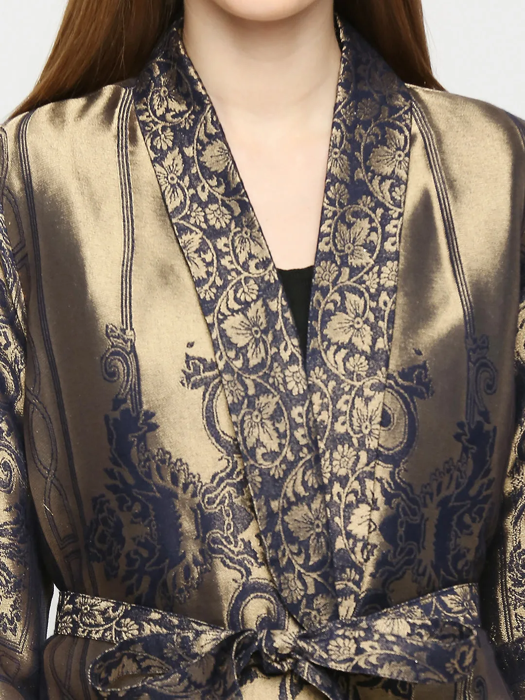 Navy Gold Flower Designed Brocade Kimono