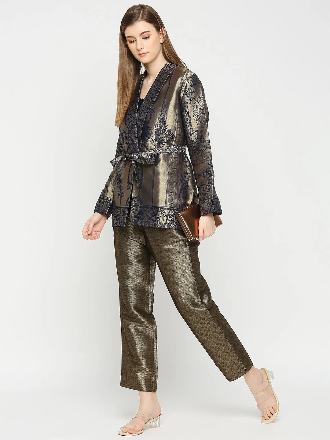 Navy Gold Flower Designed Brocade Kimono