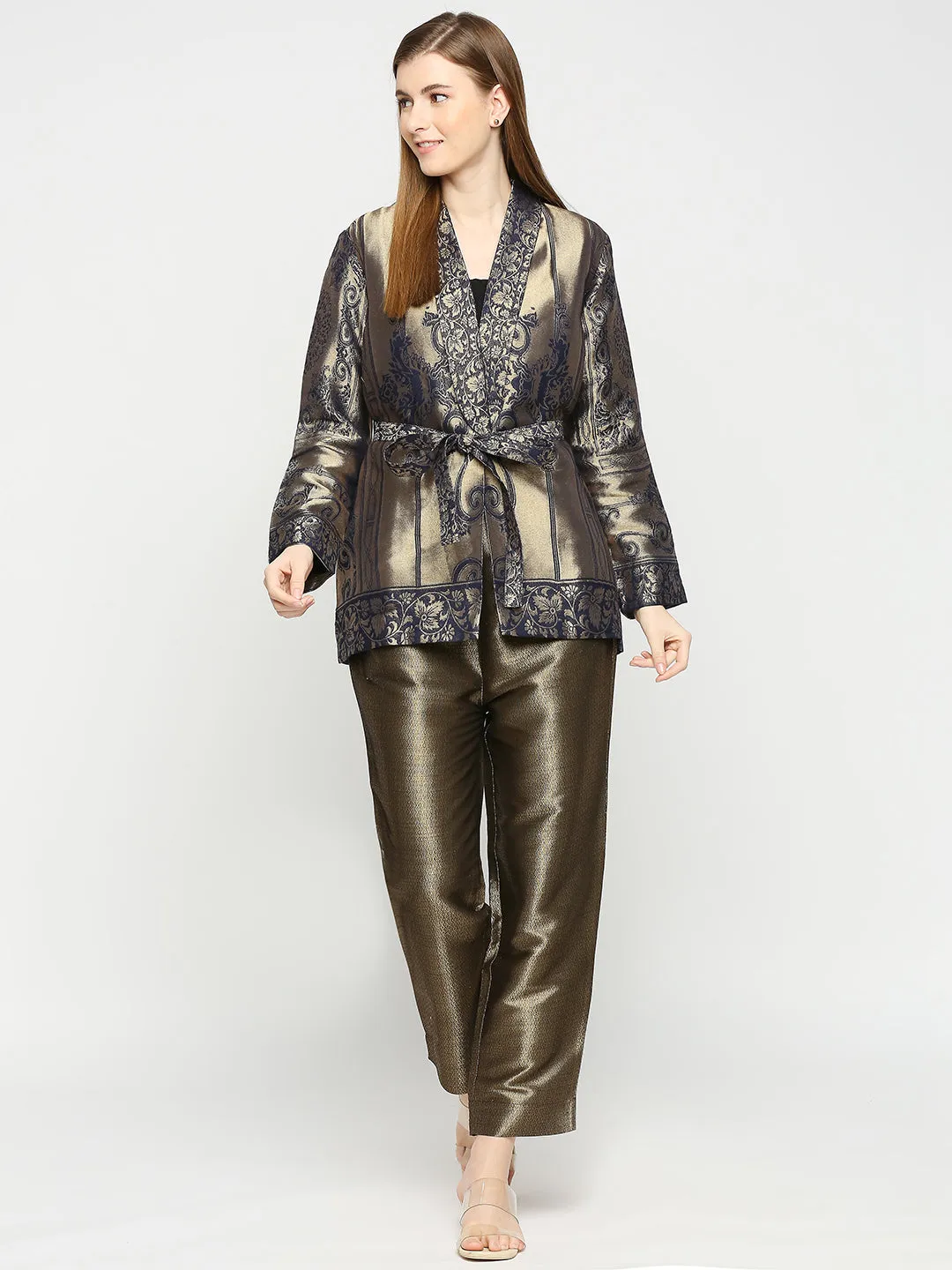 Navy Gold Flower Designed Brocade Kimono