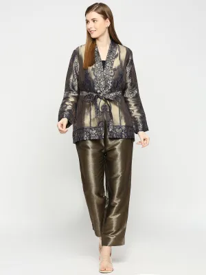 Navy Gold Flower Designed Brocade Kimono