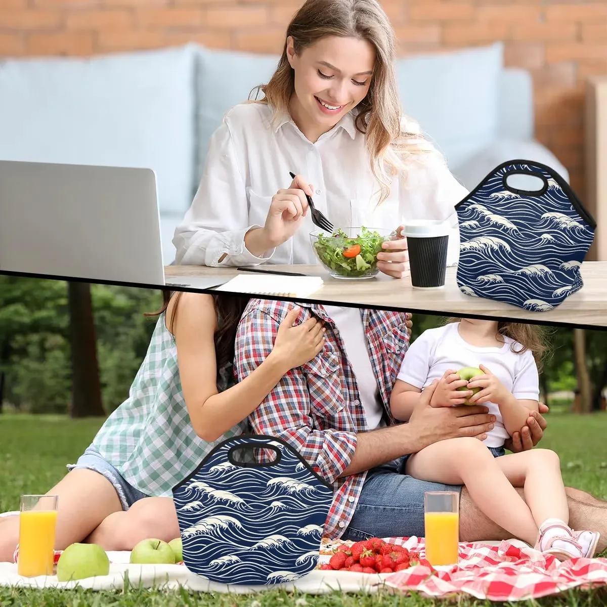 Neoprene Lunch Bags Seawater Print Lunch Tote for Men Women Reusable Lunch Tote Bag with Zipper for Work Office Travel Picnic