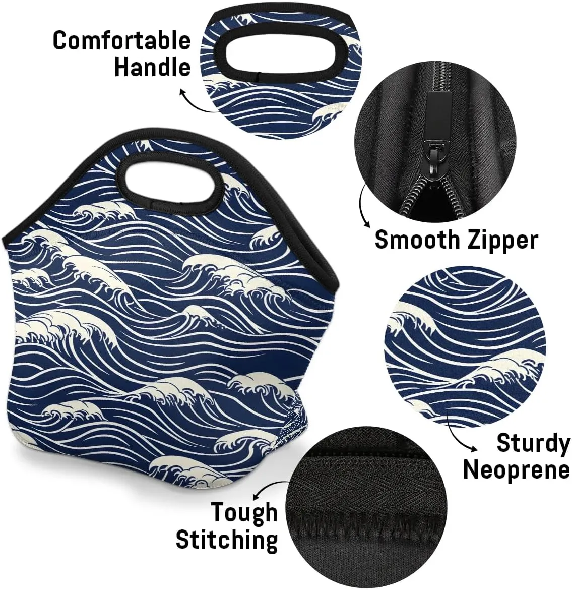 Neoprene Lunch Bags Seawater Print Lunch Tote for Men Women Reusable Lunch Tote Bag with Zipper for Work Office Travel Picnic