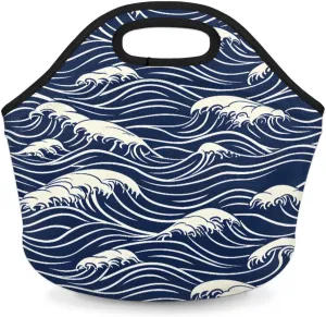 Neoprene Lunch Bags Seawater Print Lunch Tote for Men Women Reusable Lunch Tote Bag with Zipper for Work Office Travel Picnic