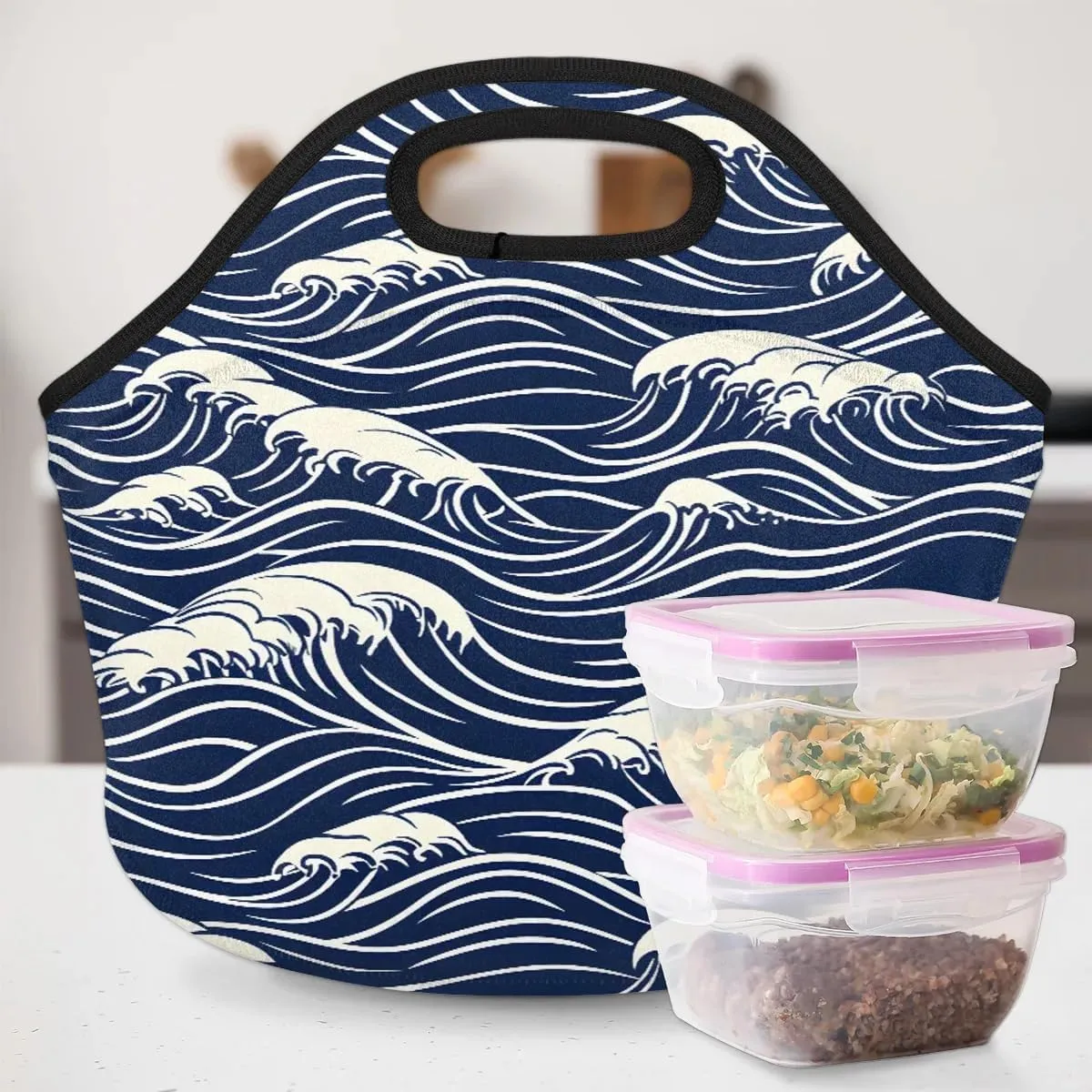 Neoprene Lunch Bags Seawater Print Lunch Tote for Men Women Reusable Lunch Tote Bag with Zipper for Work Office Travel Picnic